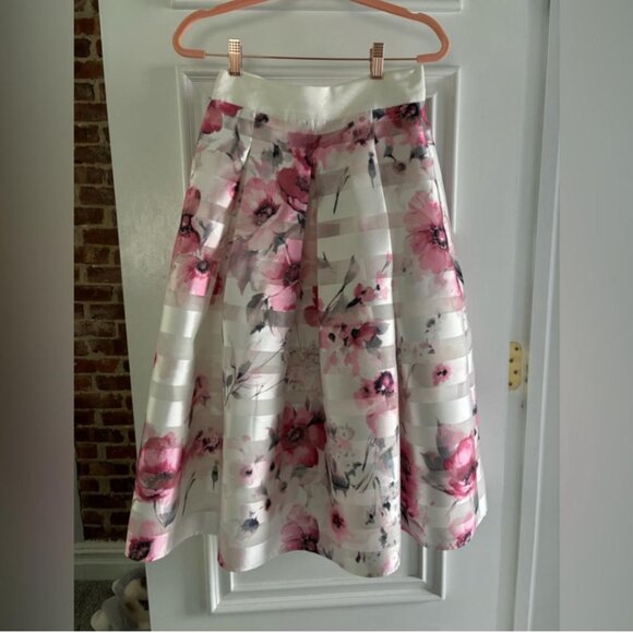 WHBM Satin Shadow Stripe Floral Full Skirt in Pink Tint - Picture 3 of 6